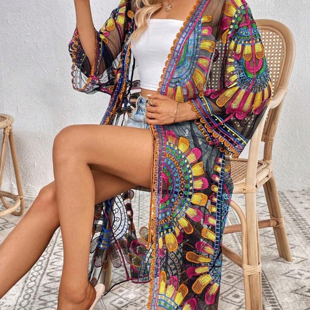 58) Colorful Bohemian Sheer Kimono embroidered NEW Women’s one size - Picture 1 of 7